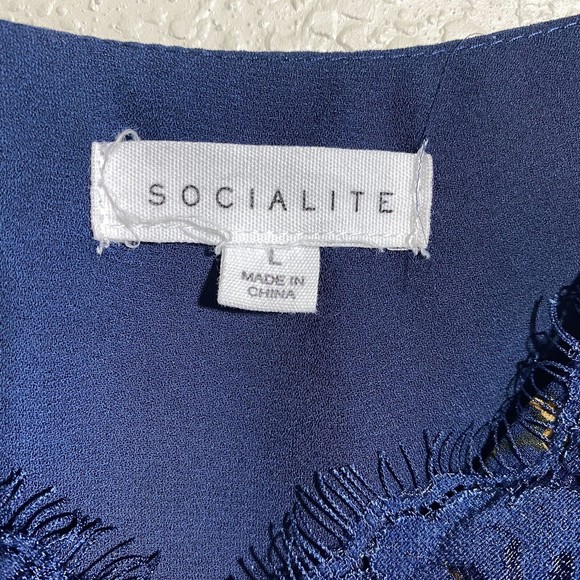 Socialite Womens Tank Top Size Large Floral Blue Lace Trim Lined - Picture 7 of 8